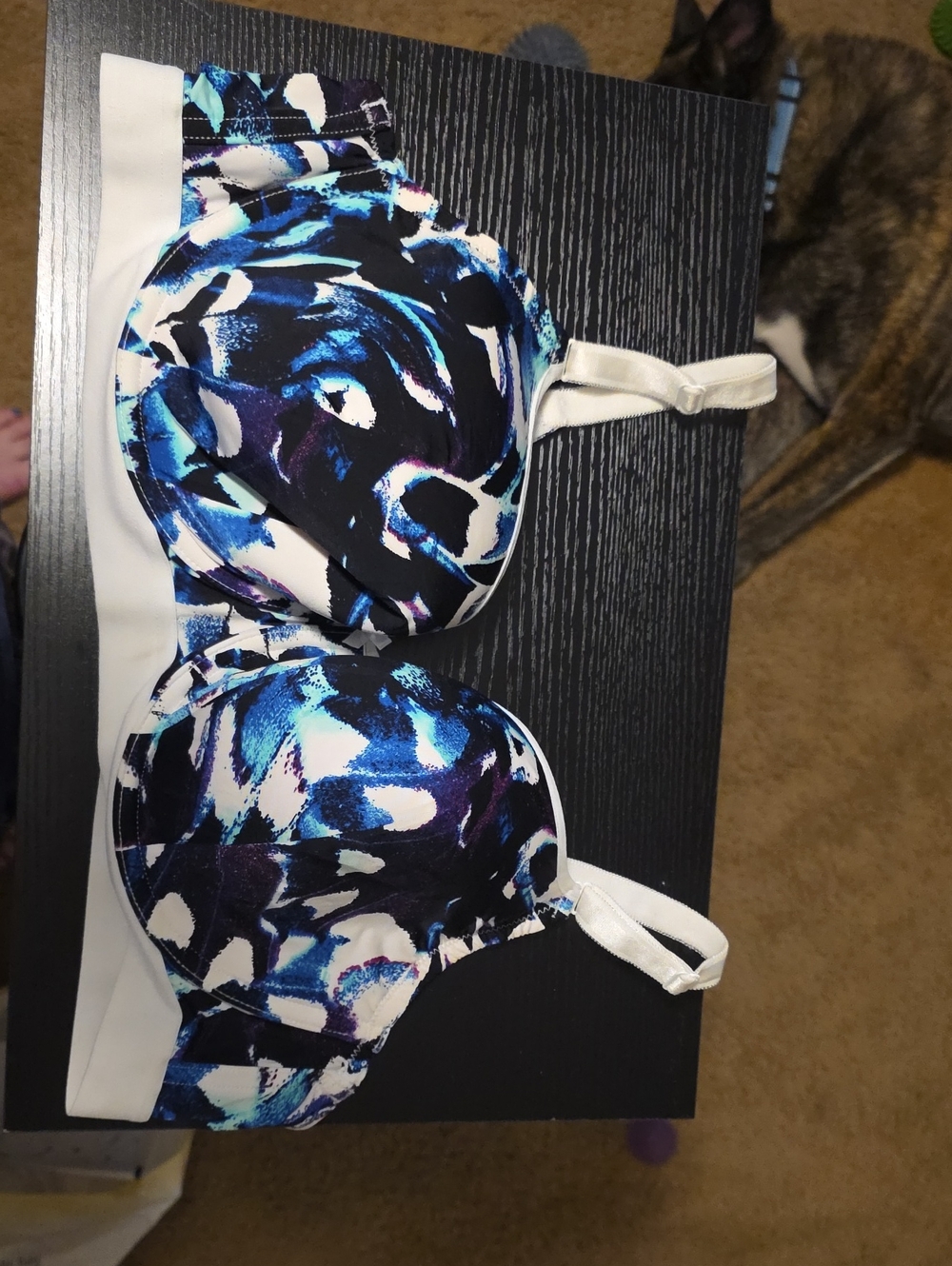 Women's Blue Abstract Print T-Shirt Bra with White Trim